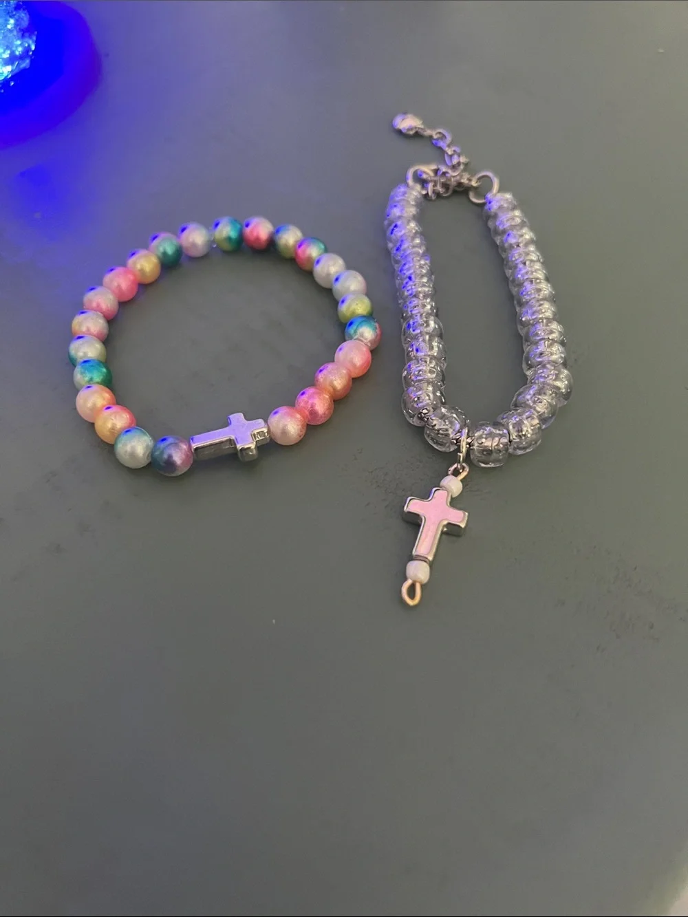 Rainbow Bead Cross Bracelet Set - Multicolor & Silver handmade